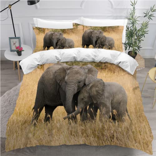 AEESS Kinderbettwäsche 135x200 Elefant 3D Druck Bettbezüge Weich Pflegeleicht Bettwäsche-Sets Afrikanische Tierwelt Mikrofaser Bettbezug mit Reißverschluss und 2 Kissenbezug 80x80 für Jungen Mädchen von AEESS