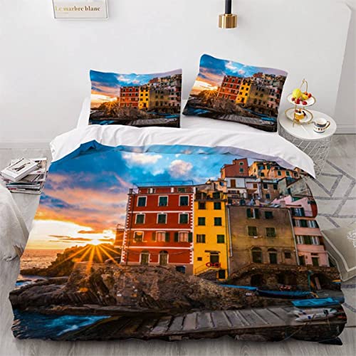 Bettbezüge 135x200 Cinque Terre, Italien 3D Motiv Bettwäsche-Sets 3 Teilig Kuschelig Atmungsaktive Bettwäsche Traumurlaub Betten Set mit Reißverschluss und 2 Kissenbezug 80x80 für Jugendliche Kinder von AEESS