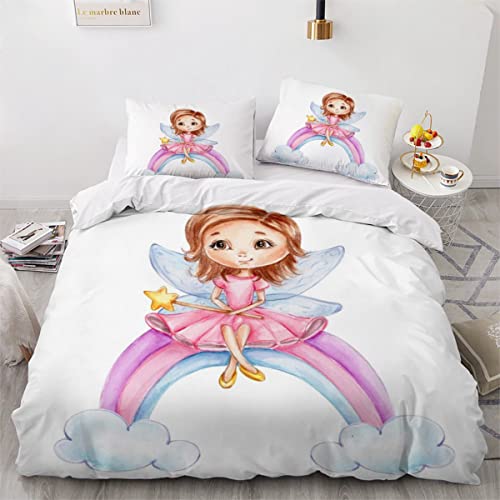 Bettwäsche 135x200 Kinder Prinzessin Fee Regenbogen 3d Druck Bettbezüge Kuschelig Atmungsaktive Bettwäsche-Sets 3 Teilig Süßer Zeichentrickfilm Dekorativ Betten Set mit 2 Kissenbezug 80x80 Mädchen von AEESS