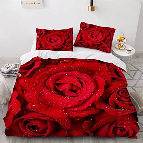 Kinderbettwäsche 135x200 Rosen Blumen 3d Druck Bettbezüge Weich Pflegeleicht Bettwäsche-Sets Valentinstag Romantisch Rot Mikrofaser Bettbezug mit Reißverschluss und 2 Kissenbezug 80x80 Jungen Mädchen von AEESS