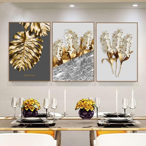 3er Set Premium Poster,goldene Blatt Grafiken,Stilvolle Poster Wanddeko für Wohnzimmer & Schlafzimmer,Wandkunst Bilder Plakate und Drucke kunst Home Decoration,Ohne Rahmen (20X30CM) von AEEYDDWE