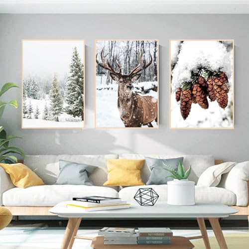AEEYDDWE 3er Set Poster,Pinienkerne und Sikahirsche im Schnee, Leinwand Gemälde mit winterlicher Schneeszene,Stilvolle Poster Wanddeko für Wohnzimmer & Schlafzimmer,Ohne Rahmen (20X30CM) von AEEYDDWE