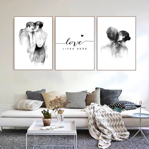 AEEYDDWE 3er Set Premium Poster,Abstraktes Schwarz-Weiß-Bild von Mann und Frau Die sich umarmen,Modern Wandbilder für Wohnzimmer Schlafzimmer,Stilvolle Leinwandbilder,Ohne Rahmen (20X30CM) von AEEYDDWE