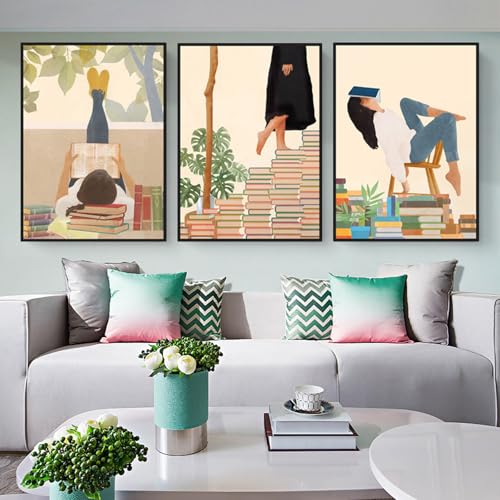 AEEYDDWE 3er Set Premium Poster,Warmes Lebensbezogener Wandgemälde eines lesenden Mädchens,Stilvolle Poster Wanddeko für Wohnzimmer & Schlafzimmer,Natur Leinwandbilder,Ohne Rahmen (30X40CM) von AEEYDDWE