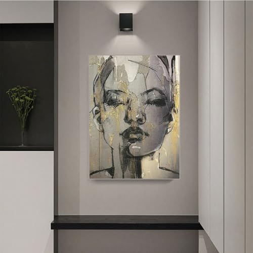 AEEYDDWE Wandkunst Leinwand Poster,Abstraktes goldenes Mädchen Gesicht Bild,Modern Wandbilder für Wohnzimmer Schlafzimmer,Stilvolle Kunstdrucke für Wohnzimmer Deko,Ohne Rahmen (60X90CM) von AEEYDDWE