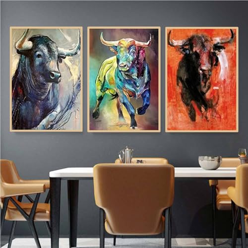 Dreiteiliges Tierposter-Set, abstraktes Stier-Thema, Kunst Gemälde, Wohnzimmer, Schlafzimmer, Bürodekoration, Gemälde, Leinwandmaterial, Wandkunst Bilder Plakate，Ohne Rahmen (20X30CM) von AEEYDDWE