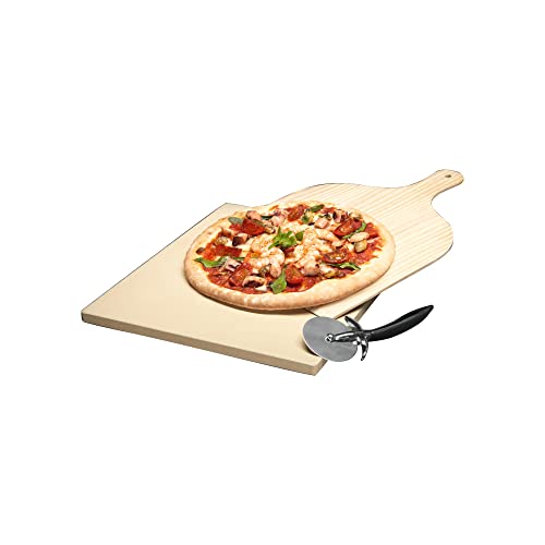 AEG Pizza-Stein-Set A9OZPS1 / 3-teilig / Naturstein / Holzbrett mit Griff / Schneidewerkzeug von AEG