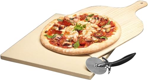 AEG Pizza-Stein-Set A9OZPS1 / 3-teilig/Naturstein/Holzbrett mit Griff/Schneidewerkzeug von AEG
