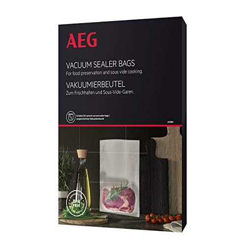 AEG AVSB1 Vakuumierbeutel (Kühl- und gefrierschranktauglich, Frischhalten, Konservieren, Kochen, Sous-Vide-Garen, vorgeschnitten, 7-Lagen, reißfest, 500ml, -30°C bis 110°C, transparent), 22cm x 30cm von AEG