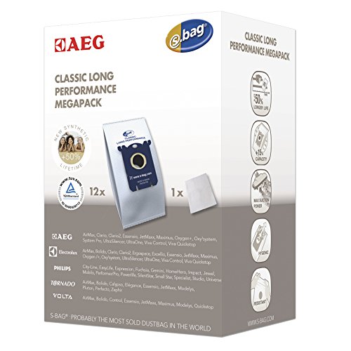 AEG GR201M original s-bag Classic Long Performance MegaPack, 12 Synthetik Staubsaugerbeutel, optimale Filtration und maximale Saugleistung, Hygieneverschluss, mehr Volumen, +50% Lebensdauer, weiß von AEG