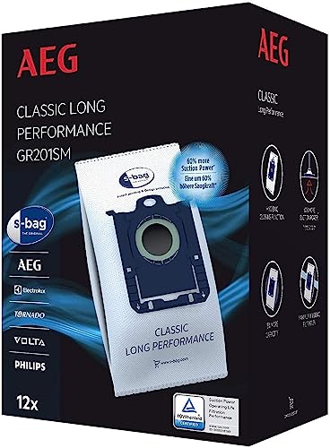 AEG GR201SM s-bag Staubbeutel Classic Long Performance MegaPack / 12 Synthetik Staubsaugerbeutel für dauerhaft hohe Saugleistung / optimale Filtration / Hygieneverschluss / 60% mehr Saugkraft / weiß von AEG