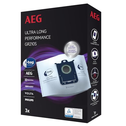 AEG GR210S s-bag Ultra Long Performance Staubsaugerbeutel (3 XXL Synthetik Staubbeutel für dauerhaft hohe Saugleistung, optimale Filtration, Hygieneverschluss, 5 Liter Volumen, weiß) von AEG