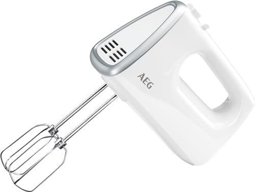 AEG HM 3330 Handmixer / 5 variable Geschwindigkeitsstufen / Turbo-Funktion für Höchstleistung / Auswurftaste / 2 Rührbesen und 2 Knethaken spülmaschinenfest / 450 Watt / 1 m Kabel / weiß/silber von AEG