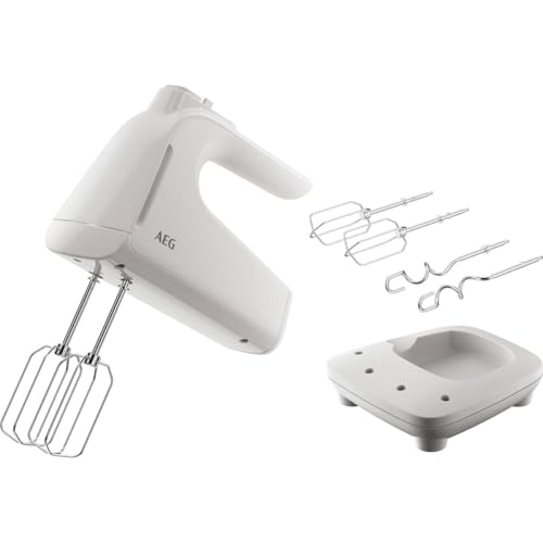 AEG Handmixer, 5 Geschwindigkeitsstufen, Turbo-Funktion für Höchstleistung, Auswurftaste, 2 Rührbesen, 2 Knethaken, Zubehörstation, spülmaschinenfest, 500 Watt, 1,2 m Kabel, weiß, AHM4W AEG Handmixer, 5 Geschwindigkeitsstufen, Turbo-Funktion für Höchstleistung, Auswurftaste, 2 Rührbesen, 2 Knethaken, Zubehörstation, spülmaschinenfest, 500 Watt, 1,2 m Kabel, weiß, AHM4W von AEG