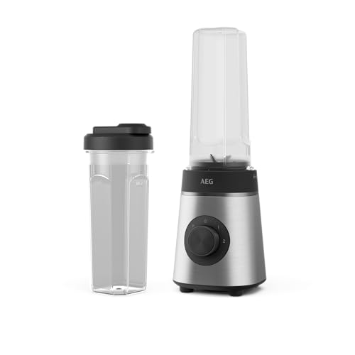 AEG MiniMixer SB4-1-4ST Standmixer / 350 W-Motor / 23.000 U/Min / 2 spülmaschinen- und bruchfeste 600 ml Trinkflaschen / 4-Klingen Messer/Drehregler/BPA-frei/Pulse-Taste/gebürstetes Edelstahl von AEG