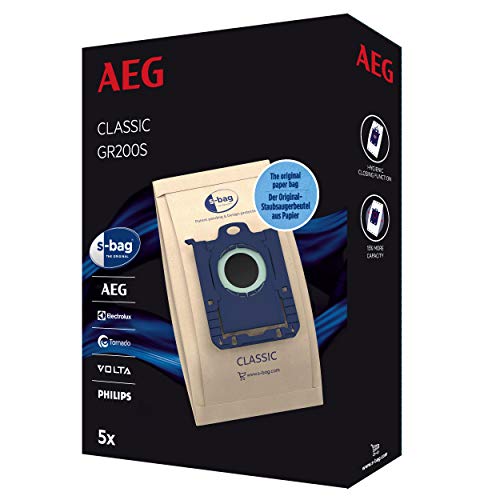 AEG GR200S s-Bag Staubsaugerbeutel Classic (5 Staubbeutel für dauerhaft hohe Saugleistung, optimale Filtration, Hygieneverschluss, hochwertige Papierbeutel, braun) von AEG