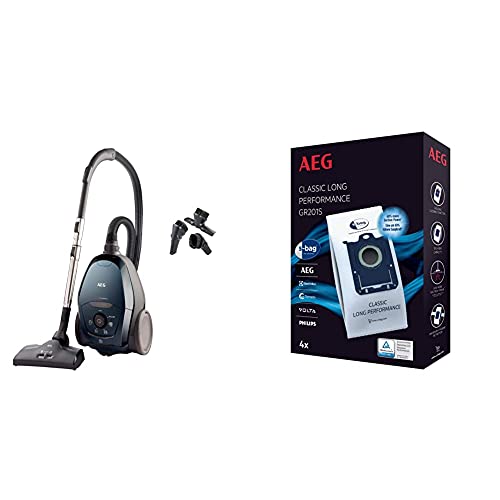 AEG VX82-1-2ST Staubsauger mit Beutel/autom. Saugkraftregulierung/extrem leise auch auf Teppich / 600W / Petrol & GR201S s-Bag Staubbeutel Classic Long Performance (60% mehr Saugkraft, weiß) von AEG