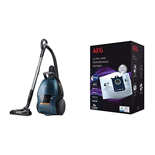 AEG VX9-4-8IBX Staubsauger mit Beutel (4 Stufen + Automatik, 5 l Staubbeutel, 460 Watt, 12 m Aktionsradius, blau) & GR210SM s-Bag Ultra Long Performance Staubsaugerbeutel MegaPack (5 Liter, weiß) von AEG