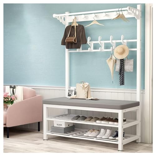 AEGCAOJH 4-in-1-Garderobe mit Schuhablage, moderner Garderobenständer aus Metall, Garderobenständer mit 10 Haken und 2-stufigem Schuhregal, einfach zu montieren, grau, 100 x 33 x 172 cm von AEGCAOJH