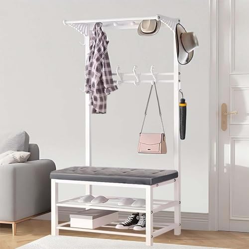 AEGCAOJH Garderobenständer Industriegarderobe Freistehender Flurständer Großer Garderobenständer 3-in-1 Kleiderbügel Schuhwechselhocker Mit Schuhaufbewahrung 10 Haken Garderobenständer Für von AEGCAOJH