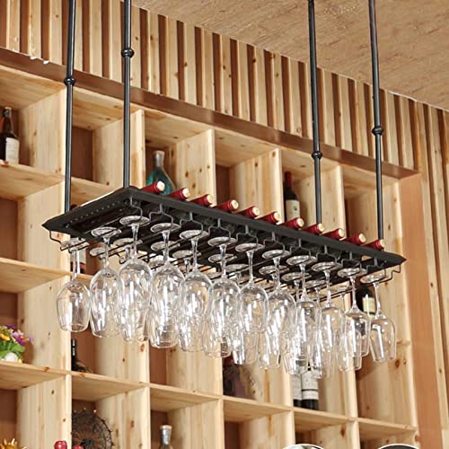 AEGCAOJH Hängendes Weinregal für die Decke, höhenverstellbares Stielglasregal, industrielles Vintage-Bartheken-Weinglasregal, Weinflaschenhalter aus Metall, Schwarz (Größe: 60 x 35 cm) von AEGCAOJH