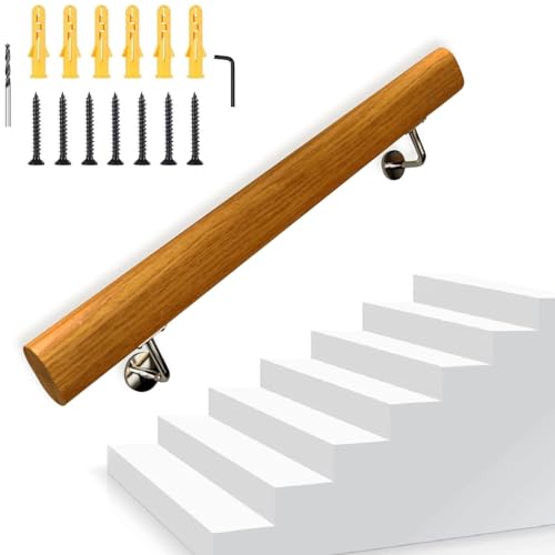 AEGCAOJH Holzhandläufe für Innentreppen, Sicherheits- und rutschfeste Treppengeländer-Stützstange Außenwandmontage Geländer-Handlauf-Set mit Edelstahlhalterungen für Stufen (Größe: 1 Fuß/30 von AEGCAOJH
