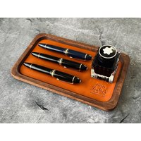 Hellbraune Leder-Holzablage, Leder-stiftablage, Desktop-Organizer, Holz-stiftablage von AEGEANLEATHERCo