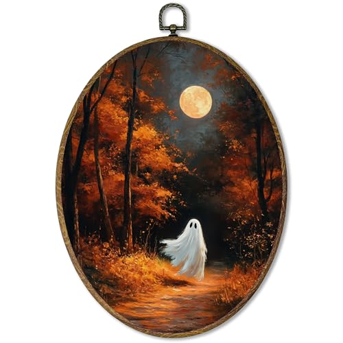 AEHIE Ovales Wandbild im Vintage-Stil, Herbstwald, Halloween-Geist, rustikales Bauernhaus, Halloween, Leinwand-Kunstwerk, gerahmt, Herbst-Vollmond-Landschaft, ovale Wandkunst für Zuhause, Schlafzimmer AEHIE Ovales Wandbild im Vintage-Stil, Herbstwald, Halloween-Geist, rustikales Bauernhaus, Halloween, Leinwand-Kunstwerk, gerahmt, Herbst-Vollmond-Landschaft, ovale Wandkunst für Zuhause, Schlafzimmer von AEHIE