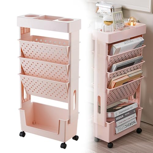 AEHO Bewegliches Bücherregal mobiler Bücherregal-Aufbewahrungsorganisator stehendes Bücherregal Mehrzweck-Rollwagen Standregal Küchen Organizer,Rosa von AEHO