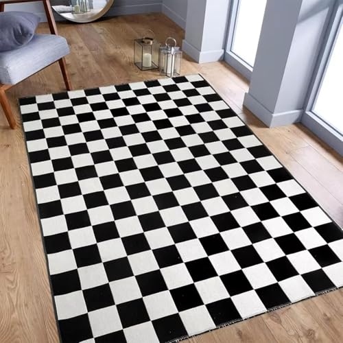 AEKDCL Schwarz-Weiß-karierter Teppich für Wohnzimmer, B 160 × L 220 cm, maschinenwaschbarer Teppich, weich, schmutzabweisend, Retro-Teppich, niedriger Flor, leichter Indoor-Teppich mit rutschfester von AEKDCL
