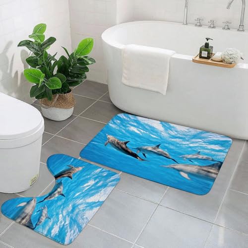AELKSP Badezimmerteppich Set 2 Teilig,Delphin, unter Wasser von Delfinen, glücklich schwimmendes Meerestierlebensbild,rutschfest Waschbar Badvorleger Set,Saugfähig Badematte Badteppich Set mit von AELKSP