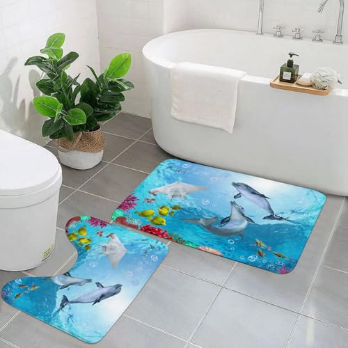 AELKSP Badezimmerteppich Set 2 Teilig,Delphin schwimmt unter Wasser,rutschfest Waschbar Badvorleger Set,Saugfähig Badematte Badteppich Set mit von AELKSP