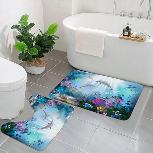 AELKSP Badezimmerteppich Set 2 Teilig,Die Unterwasserwelt mit Delfinen und Pflanzen,rutschfest Waschbar Badvorleger Set,Saugfähig Badematte Badteppich Set mit von AELKSP