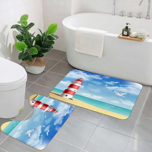 AELKSP Badezimmerteppich Set 2 Teilig,Leuchtturm am Strand,rutschfest Waschbar Badvorleger Set,Saugfähig Badematte Badteppich Set mit von AELKSP