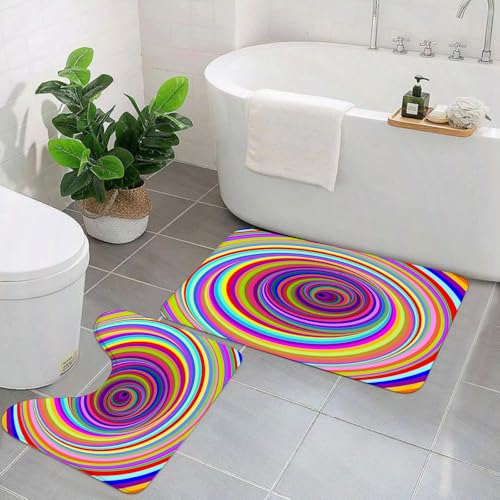 AELKSP Badezimmerteppich Set 2 Teilig,Regenbogen, hypnotischer regenbogenfarbener Wirbel, hypnotischer Effekt, optische Täus,rutschfest Waschbar Badvorleger Set,Saugfähig Badematte Badteppich Set mit von AELKSP