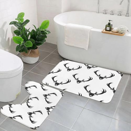 AELKSP Badezimmerteppich Set 2 Teilig,Rehkopf. Schwarz-weißes Muster für eine Grußkarte mit Bucheinband aus Stoffpapier.,rutschfest Waschbar Badvorleger Set,Saugfähig Badematte Badteppich Set mit von AELKSP