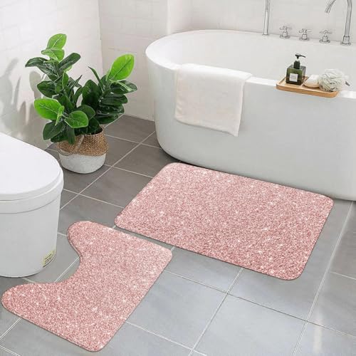 AELKSP Badezimmerteppich Set 2 Teilig,Roségoldener Glitzer, verschwommener Glitzer,rutschfest Waschbar Badvorleger Set,Saugfähig Badematte Badteppich Set mit von AELKSP