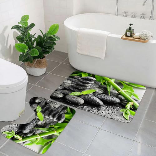 AELKSP Badezimmerteppich Set 2 Teilig,Schwarze Zen-Steine und Pflanze im Wasser,rutschfest Waschbar Badvorleger Set,Saugfähig Badematte Badteppich Set mit von AELKSP