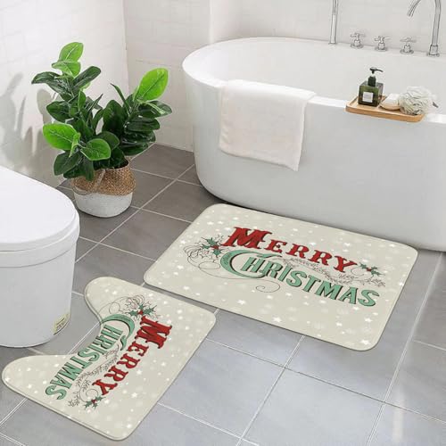 AELKSP Badezimmerteppich Set 2 Teilig,Weihnachtsmotivbild, Weihnachtssterne und Schneeflocken-Hgrund mit stilisiertem Retro-,rutschfest Waschbar Badvorleger Set,Saugfähig Badematte Badteppich Set mit von AELKSP