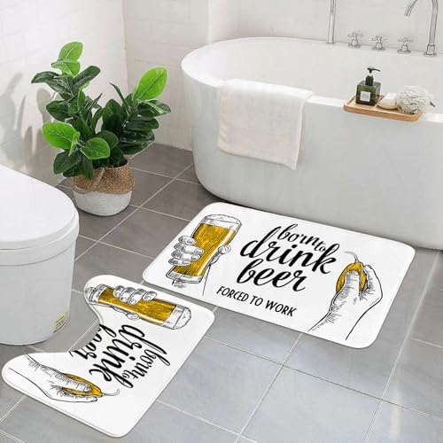AELKSP Badezimmerteppich Set 2 Teilig,Zeit, Bier zu Trinken, Zitat mit Mannhand, die Tasse Toast hält, Illustration, gelb,rutschfest Waschbar Badvorleger Set,Saugfähig Badematte Badteppich Set mit von AELKSP