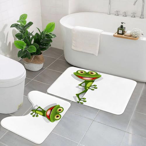 AELKSP Badezimmerteppich Set 2 Teilig,fröhlicher grüner Frosch mit größerem Auge,rutschfest Waschbar Badvorleger Set,Saugfähig Badematte Badteppich Set mit von AELKSP