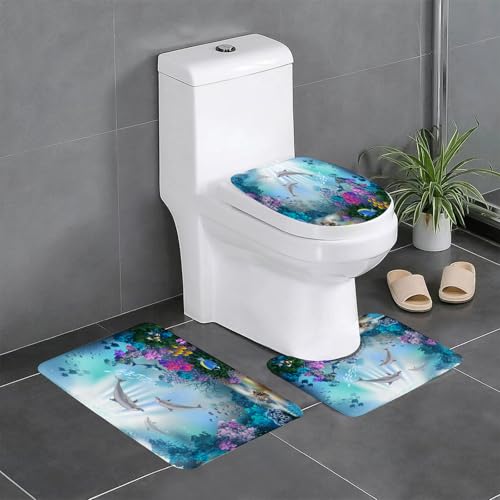AELKSP Badezimmerteppich Set 3 Teilig,Die Unterwasserwelt mit Delfinen und Pflanzen,rutschfest Waschbar Badvorleger Set,Saugfähig Badematte Badteppich Set mit von AELKSP