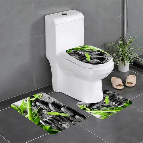 AELKSP Badezimmerteppich Set 3 Teilig,Schwarze Zen-Steine und Pflanze im Wasser,rutschfest Waschbar Badvorleger Set,Saugfähig Badematte Badteppich Set mit von AELKSP