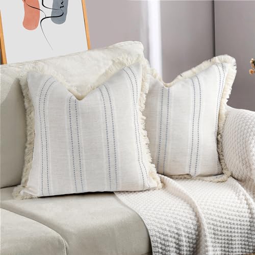 AELS 2er-Set, 45,7 x 45,7 cm, dekorative Leinen-Kissenbezüge mit Fransen, Boho-Struktur, Beige mit weißen und grauen Nähten, garngefärbte Streifen, Kissenbezüge für Sofa Couch (nur Bezug) von AELS