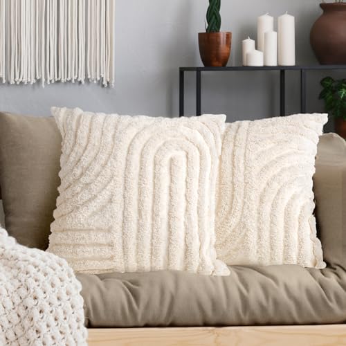 AELS Boho dekorativer strukturierter Kissenbezug, 45.7x45.7 cm, 2 Stück, moderner Absract Mid Century Regenbogen getuftet Kissenbezug, Bauernhaus, rustikal, Sofa, cremeweiß von AELS
