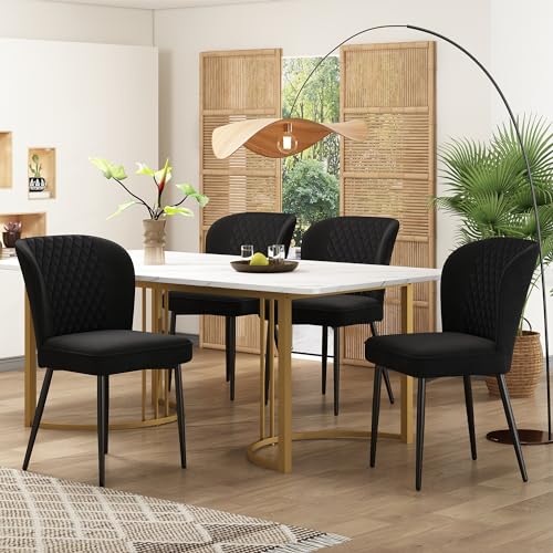 Essgruppe,(Set,140×80×75cm Esstisch mit 4 Stühlen), Moderner Küchentisch Set ,Schwarz Samt Esszimmerstühle , Polsterstuhl Design Stuhl mit Rückenlehne ,MDF Tischplatte in Weißer (Golden Tischbeine) von AEMOING