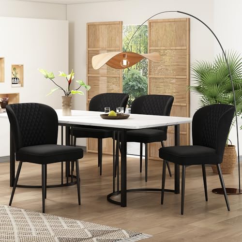 Essgruppe,(Set,140×80×75cm Esstisch mit 4 Stühlen), Moderner Küchentisch Set ,Schwarz Samt Esszimmerstühle , Polsterstuhl Design Stuhl mit Rückenlehne ,MDF Tischplatte in Weißer (Schwarz Tischbeine) von AEMOING
