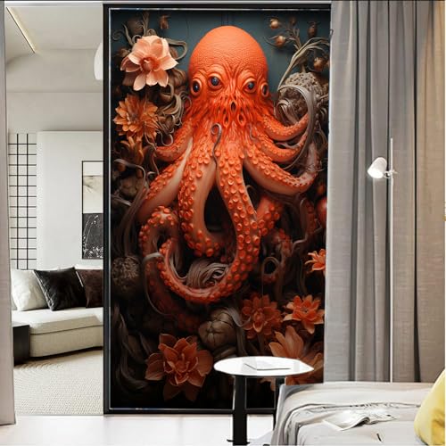 AEMYSKA Bunte Oktopus Fensterfolie Hitzeblockierende Natürliche Blume Orange Retro Tier Privatsphäre Fenster Dekor Glastür Abdeckung Nicht Klebende Fensteraufkleber für Badezimmer Küche 60 * 90cm von AEMYSKA