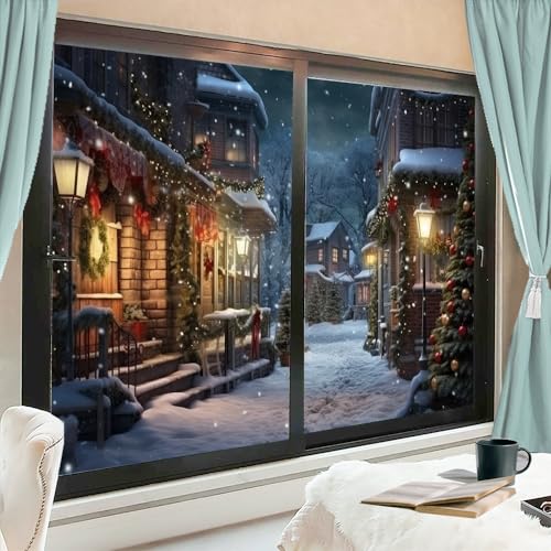 AEMYSKA Country Rustic Lodge Fensterfolie, Raumdekoration, Weihnachten, Schneelandschaft, Buntglas-Fensterfolie, Sonnenblockierung, Hitzeregulierung, kein Kleber, Fensterabdeckung für Zuhause, Büro, von AEMYSKA