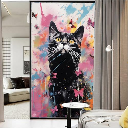 AEMYSKA Fensterfolie, Retro-Katze, hitzeblockierend, abstrakt, Schmetterling, Aquarell, Privatsphäre, Fensterdekoration, Glastürabdeckung, nicht klebende Fensteraufkleber für Badezimmer, Küche, 45 x von AEMYSKA